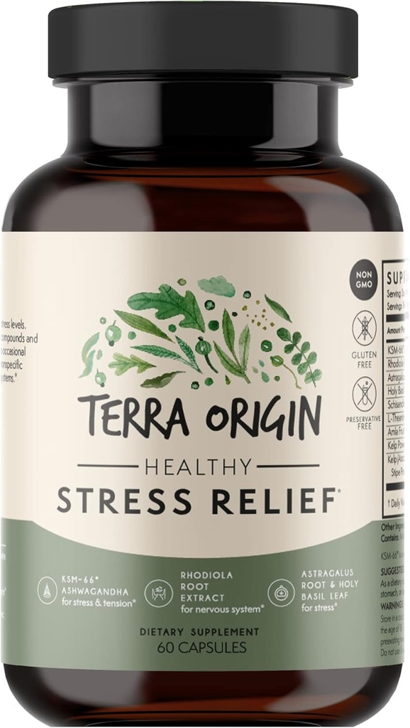 TERRA ORIGIN Healthy Stress Supplement | 60 Capsules | KSM-66 Organic Ashwagandha, L-Theanine, Rhodiola Extract, Astragalus Root and Holy Basil | Stress and Mood Support