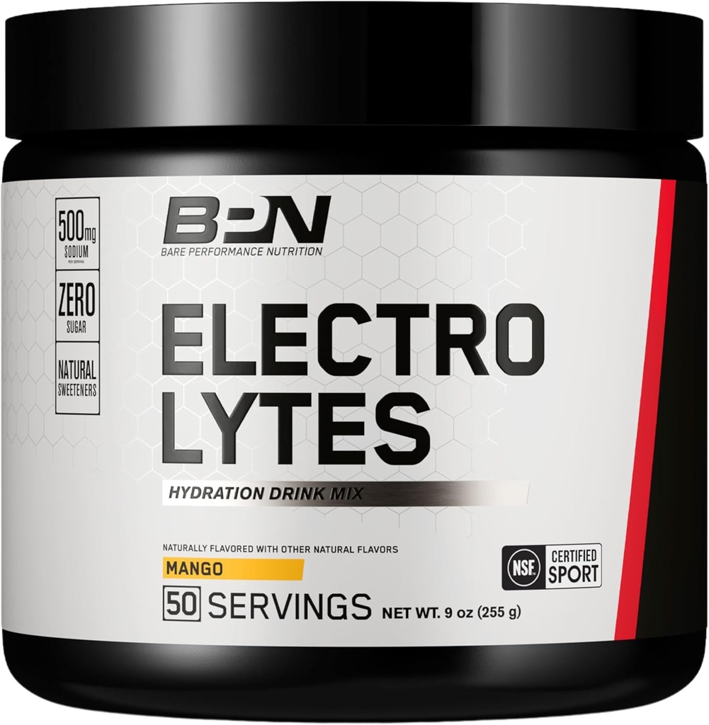 BARE PERFORMANCE NUTRITION BPN Electrolytes Hydration Drink Mix | Sugar Free Electrolyte Powder | 500mg Sodium per Serving | Naturally Sweetened | Mango, 50 Servings