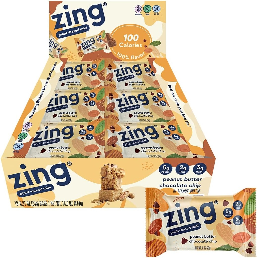 Zing Pinut Butter Chocolate Chip Kids Vegan Protein Bars, χωρίς γλουτένη 100 θερμίδες Mini Bars, Γαλακτοκομικά Χωρίς Διατροφή Bars with Plant Based Protein, Kosher, No Soy, No Sugar Alcohols - 18 μέτρημα