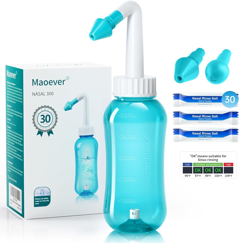 Neti Pot Sinus Ξεπλένουμε το Nasινικό Πλύσιμο 300ML Neti-Pot με 30 Nasινικό Πλύσιμο Αλάτι Πακέτα και Sticker Θερμόμετρο Καθαριστικό Πλύσιμο Μπουκάλι Καθαρύτερη Πίεση Άρδευση για Ενηλίκων & Kid BPA Δωρεάν (Light Green)