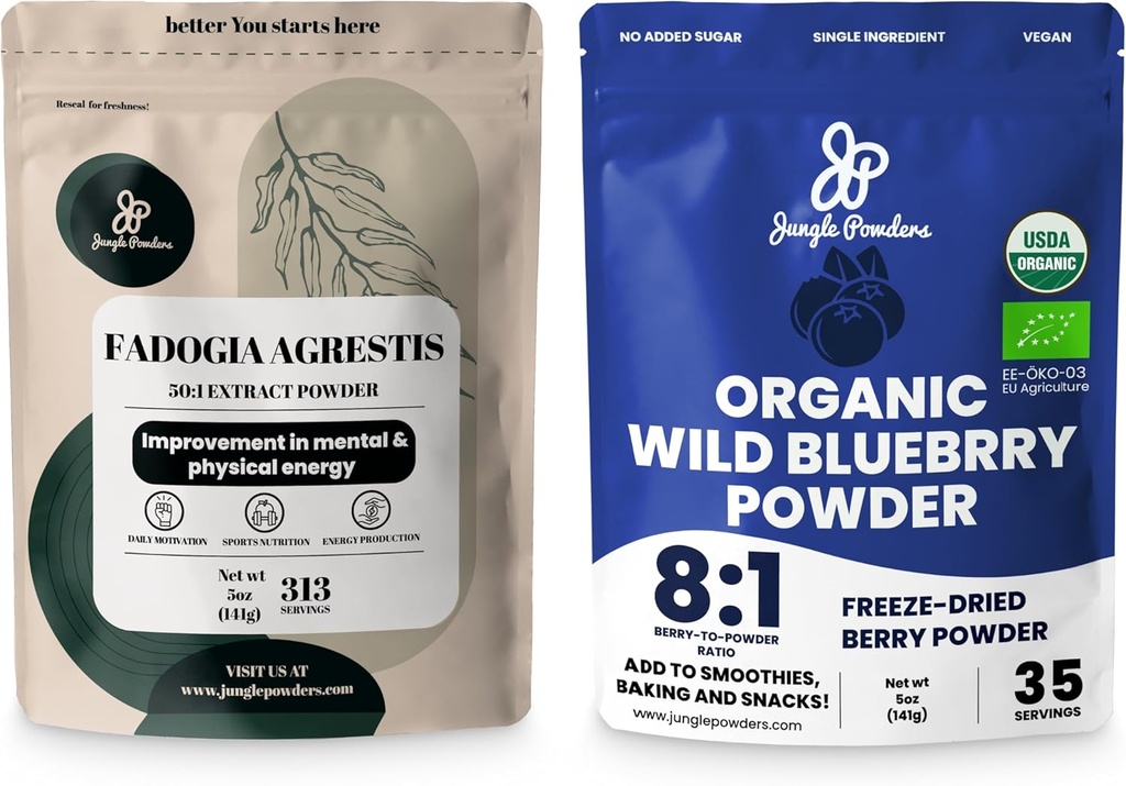 Jungle Powders Ανδρική Υγεία & Ζωτικότητα Bundle: 5oz Fadoga Agrestis Extract Powder for Drive & Passion + 5oz USDA Certified Organic Wild Blueberry Powder for Enhanced Wellness in Smoothies & Baking!