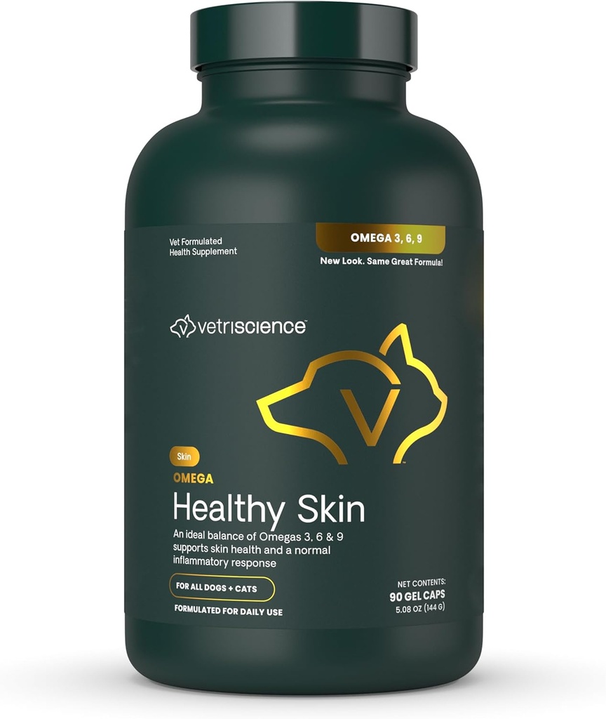 Κάψουλες VetriScience Omega Healthy Skin, Omega 3.6.9 Συμπλήρωμα ιχθυελαίου για σκύλους και γάτες, υγεία του δέρματος, ανάπτυξη του γάιδαρου, μείωση της διασποράς, πάνω από 750 mg Ωμέγα λιπαρά οξέα ανά καψάκιο, Gel Caps, 90 Count