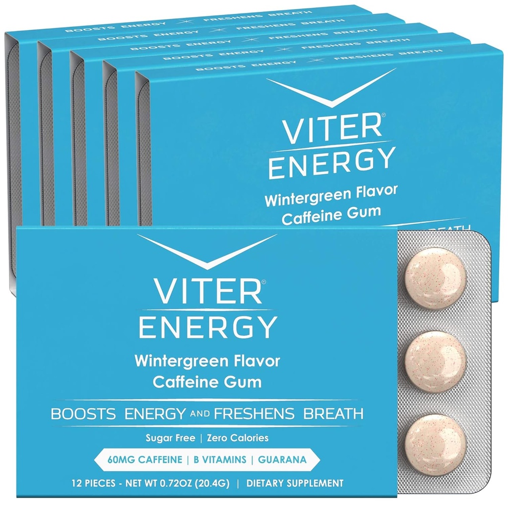 Viter Energy Caffeinated Gum 60mg Caffeine, B Βιταμίνες, Guarana, Ζάχαρη Δωρεάν. (Wintergreen, 12pcs, 6 Pack)