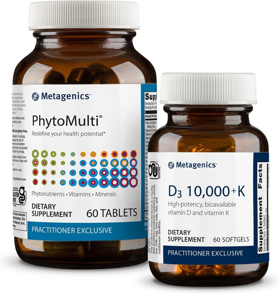 Metagenics Essential Wellness Duo: D3 10.000 + K - για την ανοσοποιητική υποστήριξη, την υγεία των οστών & την καρδιά Υγεία - 60 Softgels & PhytoMulti Without Iron - Καθημερινή πολυβιταμίνη για τη συνολική υγεία & γήρανση - 60 δισκία