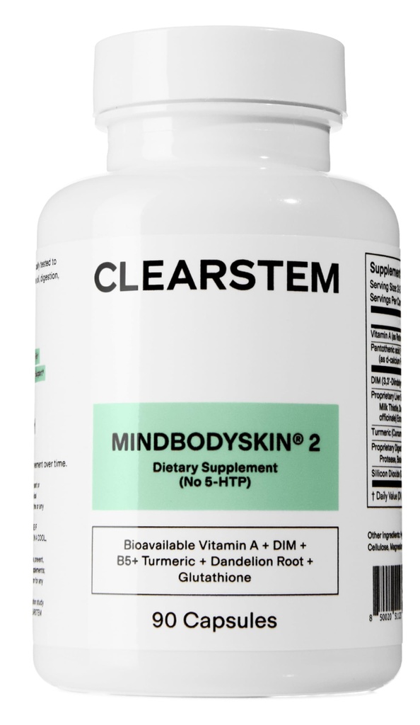 CLEARSTEM - MINDBODYSKIN συμπλήρωμα ορμονικής ακμής (No 5-HTP) - Φυσικό συμπλήρωμα DIM - Φροντίδα δέρματος Βιταμίνες - Ισορροπία ορμονών, Αντιοξειδωτικά - Χωρίς γλουτένη, Σκληρό δωρεάν - 30 Μερίδες, 90 κάψουλες