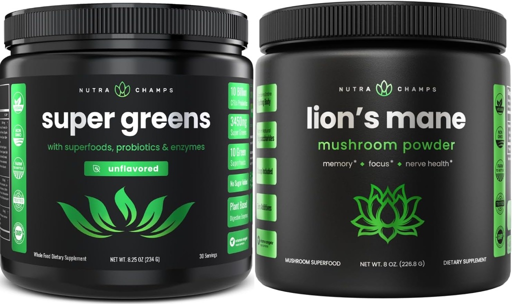 NutraChamps Super Green Unflavored & Lion's Mane Powder. Πράσινο & πακέτο προσαρμογών