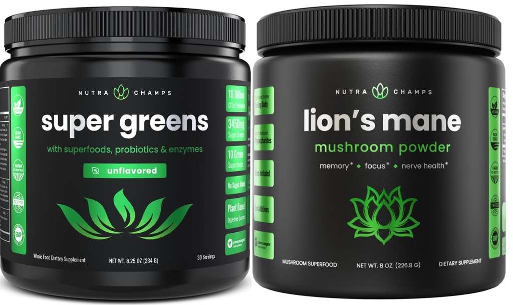 NutraChamps Super Green Unflavored & Lion's Mane Powder. Πράσινο & πακέτο προσαρμογών