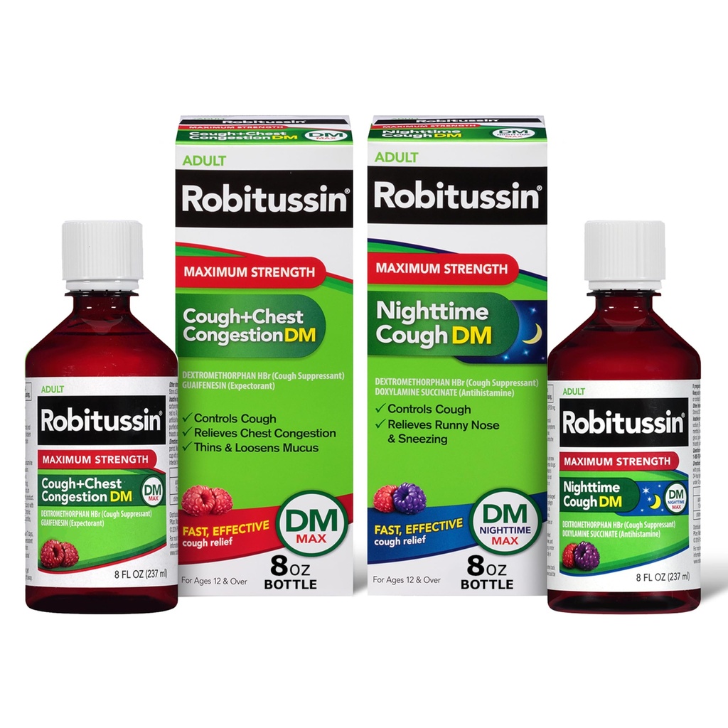 Robitussin DM Max Cough Plus Θώρακος Συμφόρηση και Robitussin Μέγιστη δύναμη Νυκτερινή ώρα Βήχας DM, Ενήλικας Φόρμουλες - 2 x 8 Φιάλες Fl Oz