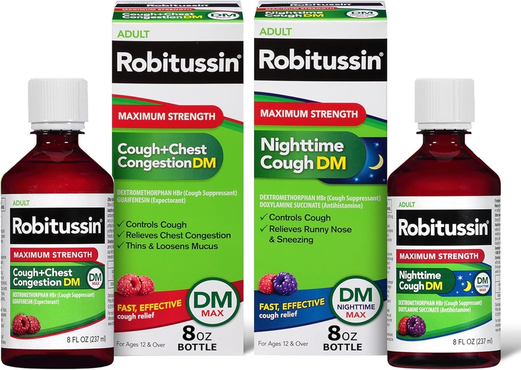 Robitussin DM Max Cough Plus Θώρακος Συμφόρηση και Robitussin Μέγιστη δύναμη Νυκτερινή ώρα Βήχας DM, Ενήλικας Φόρμουλες - 2 x 8 Φιάλες Fl Oz