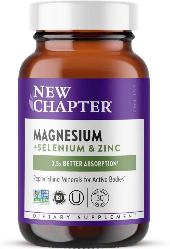 New Chapter Magnesium-Selenium-Zinc Supplement, 325 mg Magnesium in One-Daily Tablet for Active Bodies, Bounce Back After Exercise with Muscle Support Minerals + Hydrating Electrolytes, 30 Count