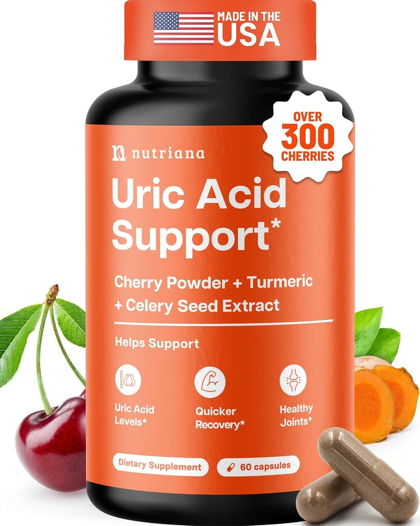 3 in 1 Uric Acid Flush Cleanse – Tart Cherry Extract with Turmeric & Celery Seed Supplement Purge - Feet and Joint Support - 60 Veggie Capsules