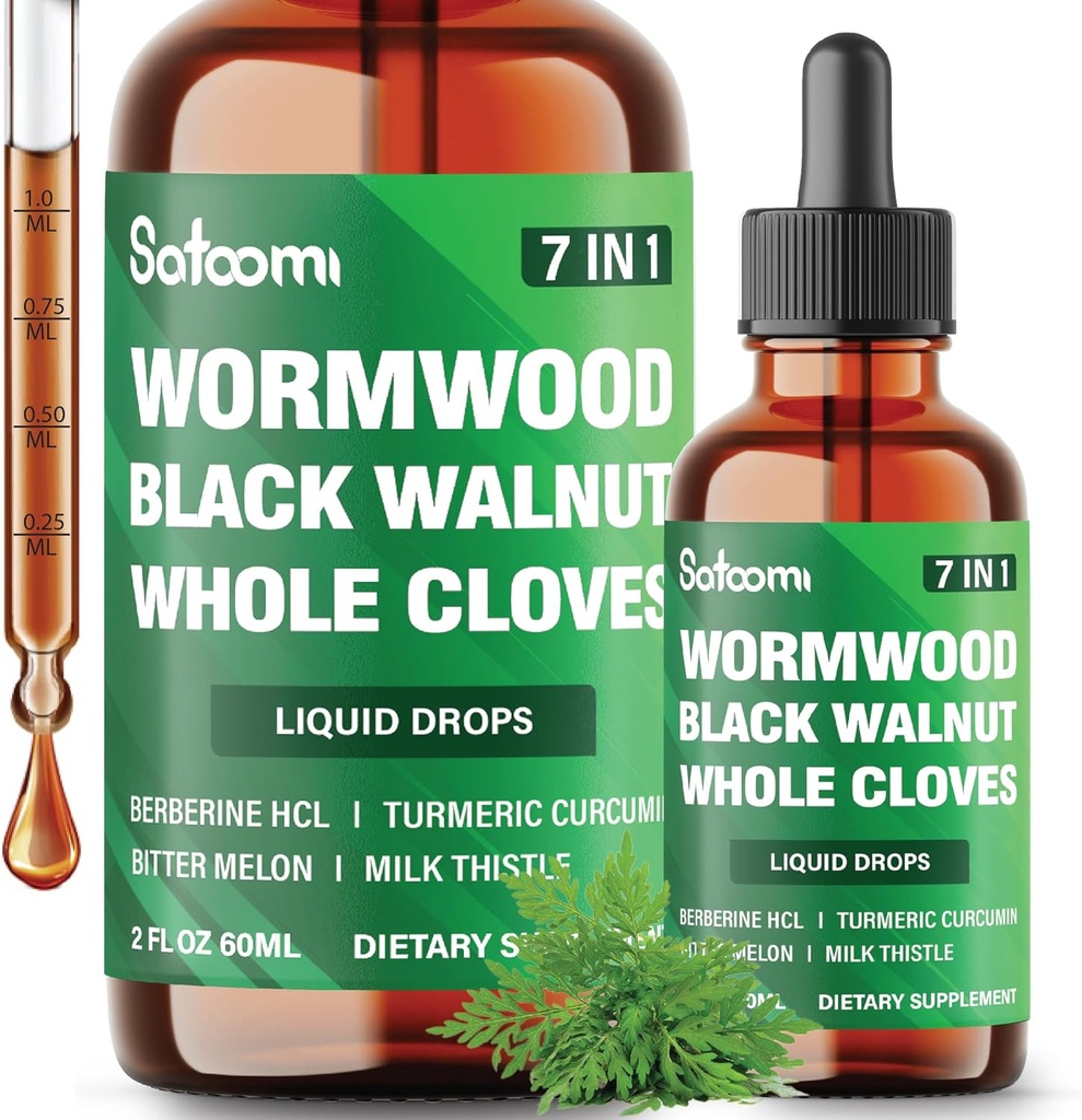 Satoomi 7in1 Wormwood Liquid Drops with Black Walnut, Whole Cloves, Berberine, Milk Thistle, Bitter Melon και Turmeric - 60ml για 60 ημέρες