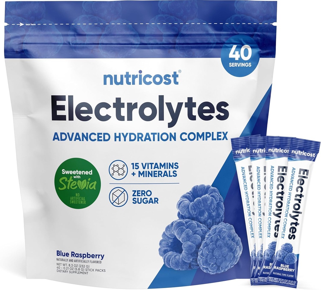 Nutricost Electrolytes Powder Hydration Packets (Blue Raspberry, 40 Servings) Low Calorie Keto Electrolytes Sweetened with Stevia - Non-GMO, Gluten Free and Sugar Free