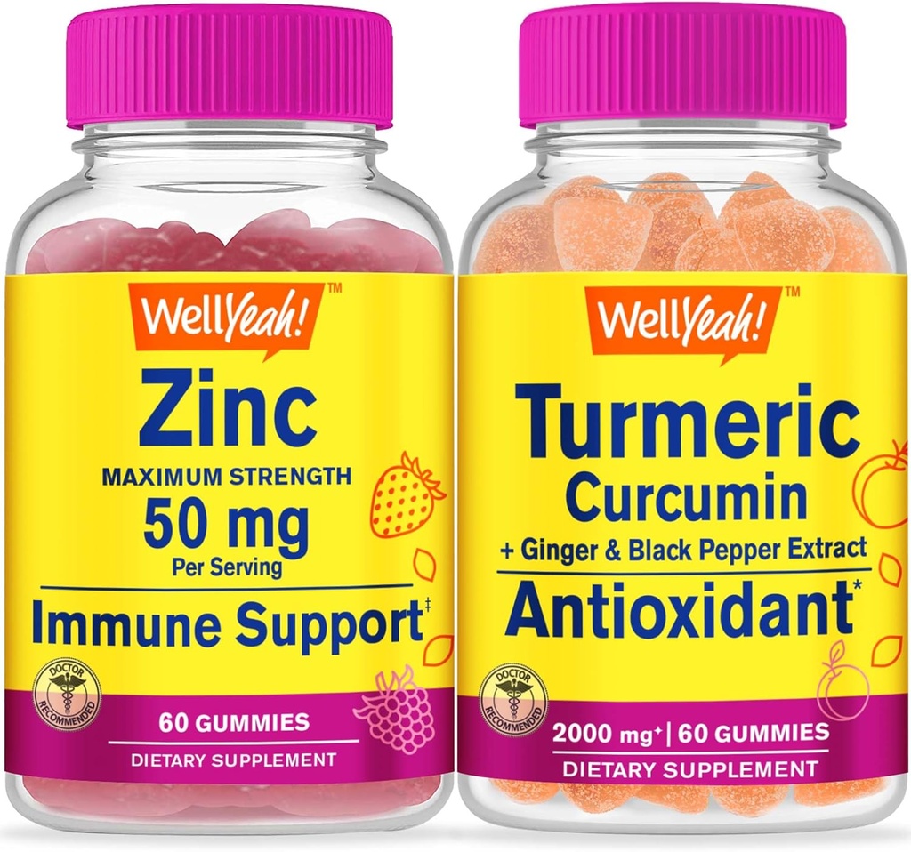 WellYeah Ψευδάργυρος + κουρκουμίνη κουρκουμίνη, Gummies Bundle - μεγάλη γεύση, συμπλήρωμα βιταμίνης, χωρίς γλουτένη, GMO δωρεάν, μασώμενη Gummy