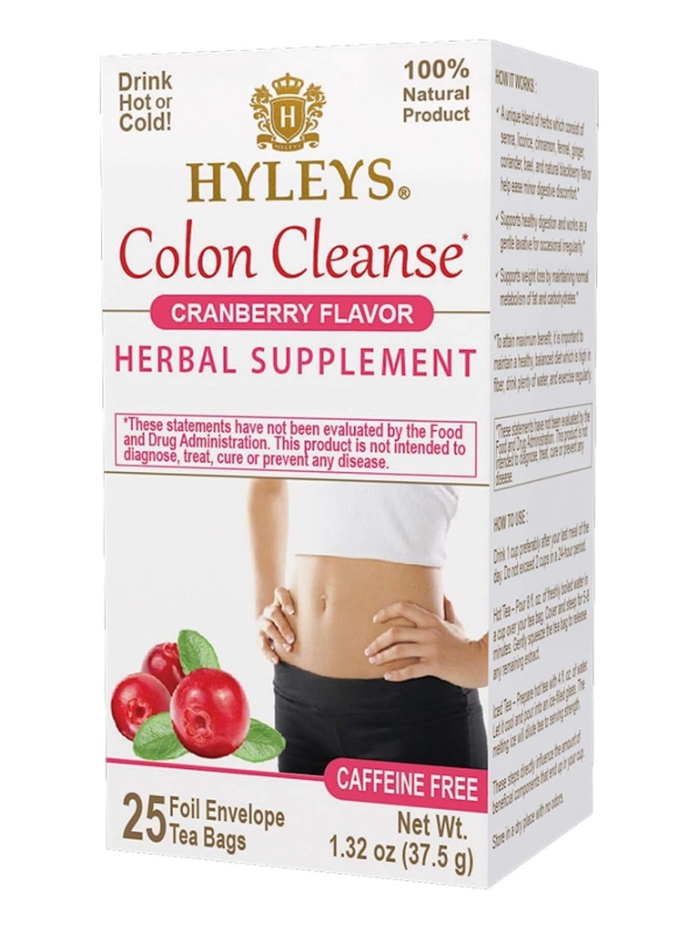 HYLEYS Colon Cleanse Tea, Cranberry Flavor - 25 Individually Wrapped Herbal Tea Bags - Caffeine Free, Vegan