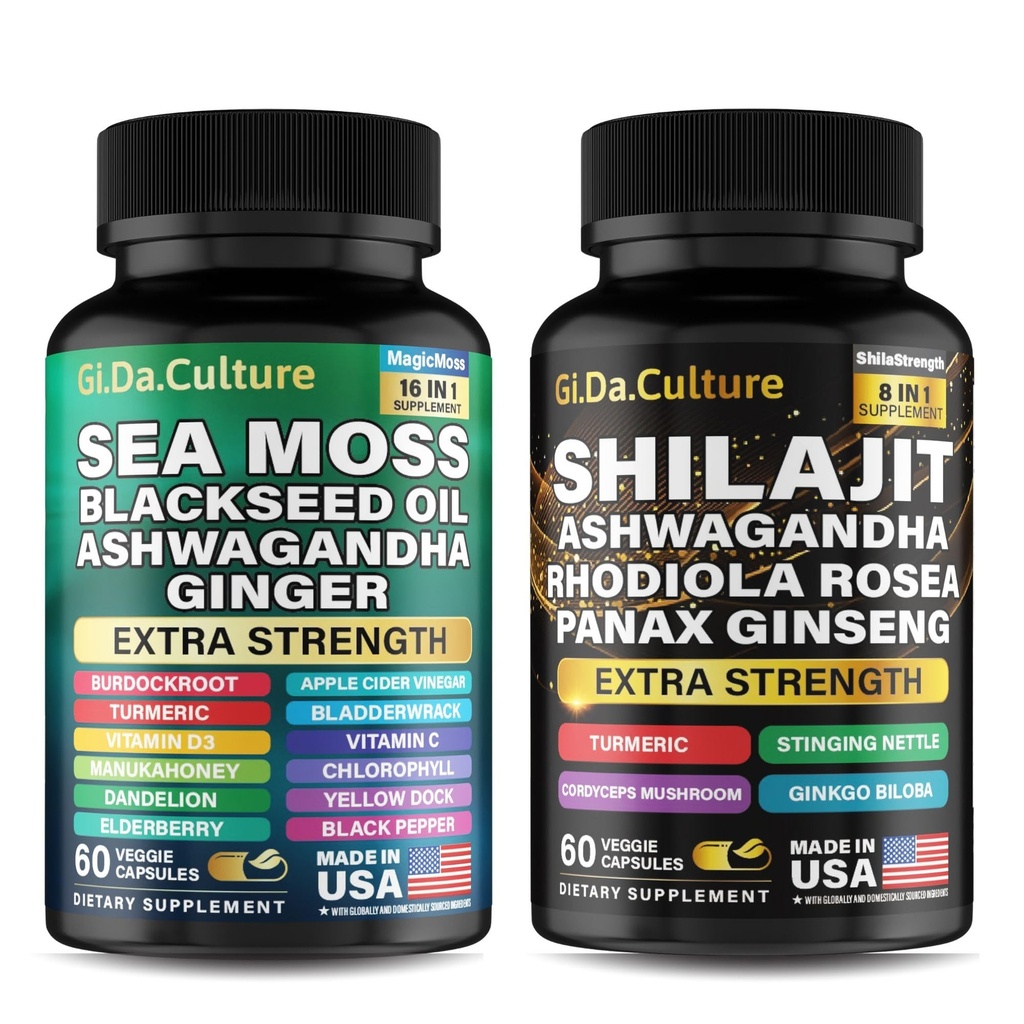 Shilajit and Sea Moss Combo - Sea Moss and Shilajit Bundle with Ashwagandha, Black Seed, Turmeric, Bladderwrack, Burdock, Black Pepper with Vitamins and Antioxidants - 120 Κάψουλες Veggie