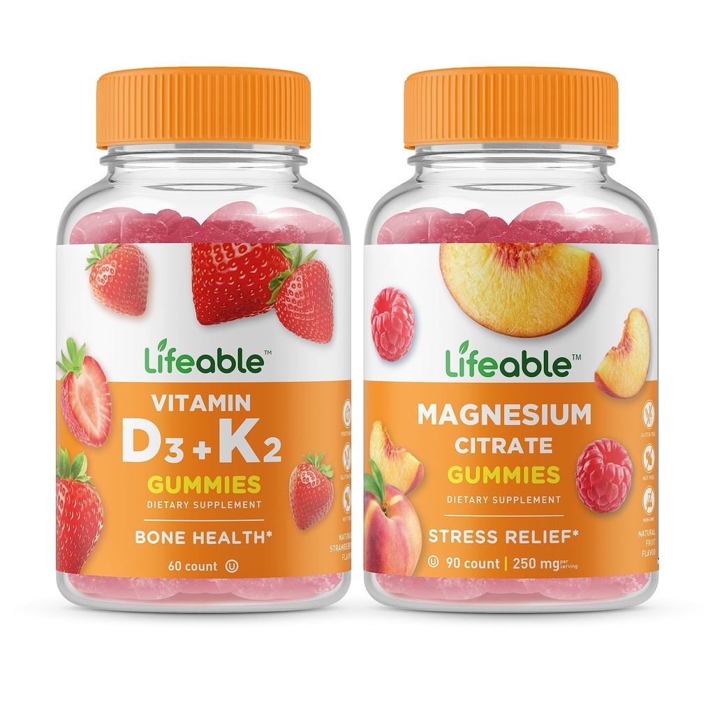 Ζωηρή βιταμίνη D3 + Βιταμίνη K2 + Μαγνήσιο 85mg, Gummies Bundle - Μεγάλη γεύση, συμπλήρωμα βιταμίνης, Χωρίς γλουτένη, GMO δωρεάν, Μασώμενο Gummy