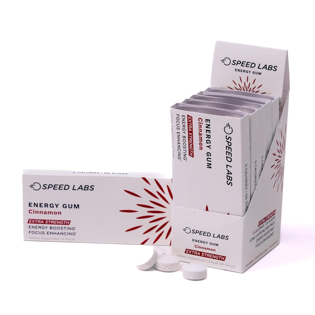 Εργαστήρια Ταχύτητας Κανέλα Επιπλέον δύναμη Καφεΐνη Τσίχλα 50mg καφεΐνη, Ταυρίνη, & Β Βιταμίνες ανά κομμάτι, 48 κομμάτια (6 συσκευασίες των 8 τεμαχίων) Ζάχαρη Χωρίς, Μηδέν θερμίδες, Χωρίς ασπαρτάμη, Χωρίς γλουτένη