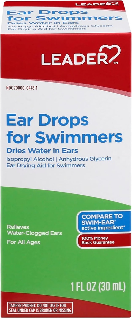 Leader Ear Drops for Swimmers, Dries Water in Ears, Isopyl Alcohol 95%, All Ages, Σύγκριση με Swim-Ear, 1 fl oz