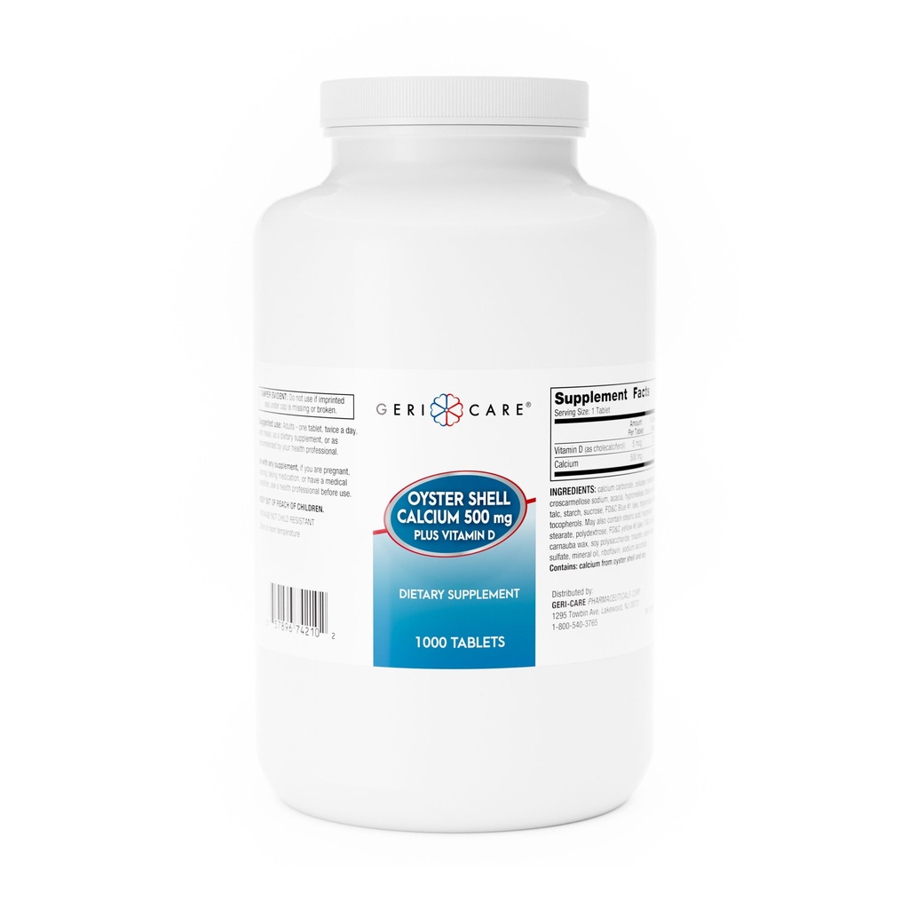 GeriCare Oyster Shell Calcium 500mg + Βιταμίνη D, Υγεία των οστών, Διατροφικό συμπλήρωμα Δισκία, 1000 Count (Pack of 1)