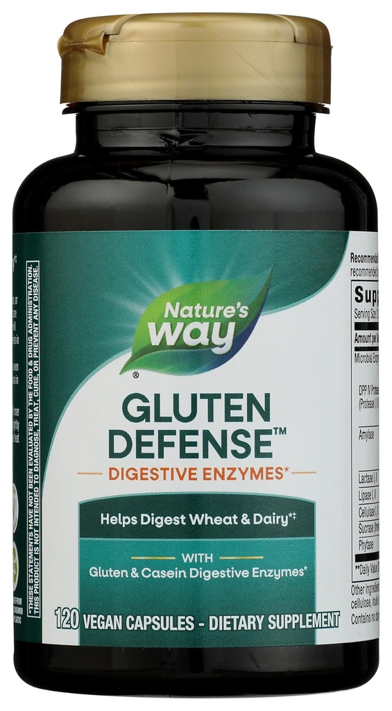 Nature's Way Gluten Defense Digestive Enzymes*, Helps Digest Wheat & Dairy(1), Gluten & Casein Digestive Enzymes*, 120 Vegan Caps (Packaging May Vary)