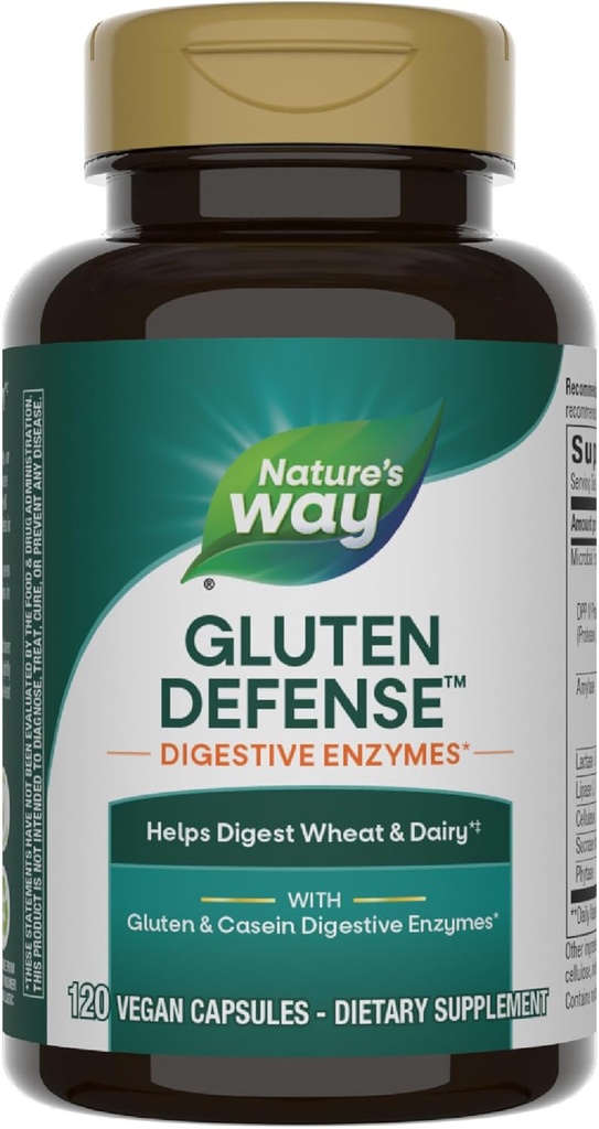 Nature's Way Gluten Defense Digestive Enzymes*, Helps Digest Wheat & Dairy(1), Gluten & Casein Digestive Enzymes*, 120 Vegan Caps (Packaging May Vary)