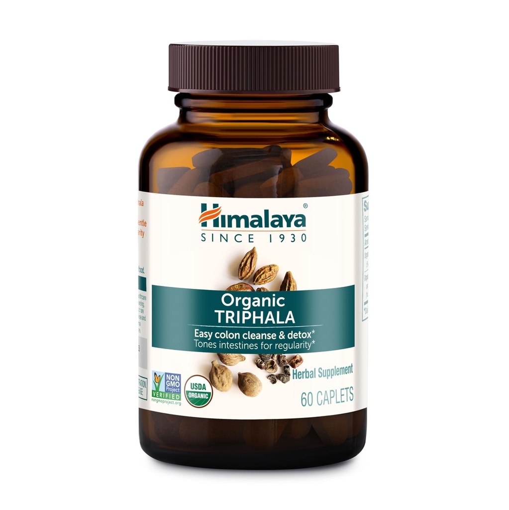 Himalaya Organic Triphala, 2μηνη προσφορά, για τον καθαρισμό του παχέος εντέρου, Detox & περιστασιακή δυσκοιλιότητα, USDA Certified Organic, Non-GMO, Gluten-free, Extract & Powder Herbal Supplement, 688 mg, 60 Caplets