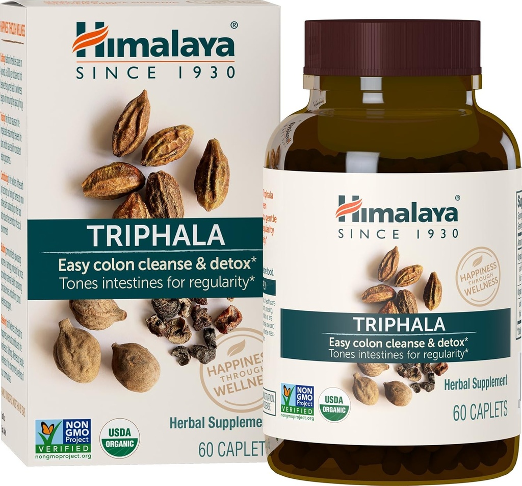 Himalaya Organic Triphala, 2μηνη προσφορά, για τον καθαρισμό του παχέος εντέρου, Detox & περιστασιακή δυσκοιλιότητα, USDA Certified Organic, Non-GMO, Gluten-free, Extract & Powder Herbal Supplement, 688 mg, 60 Caplets