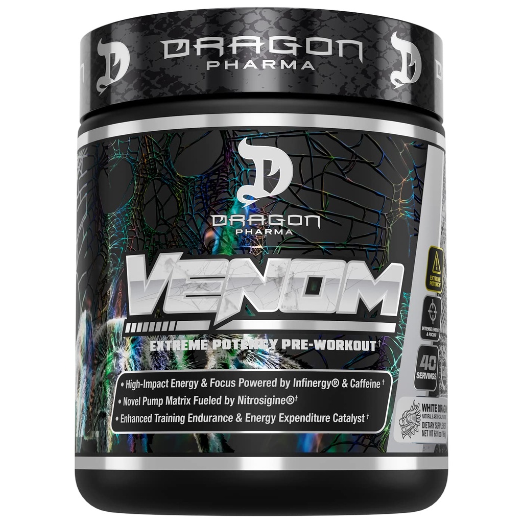 DRAGON PHARMA Venom Extreme Potency Pre-Workout, Laser Sharp Focus + Ενέργεια, Έντονη Απόδοση, Αποδεδειγμένα Συστατικά για Ενισχυμένη Αγγειοδιαστολή & Αντοχή (40 εξυπηρετούν, Λευκό Δράκο)