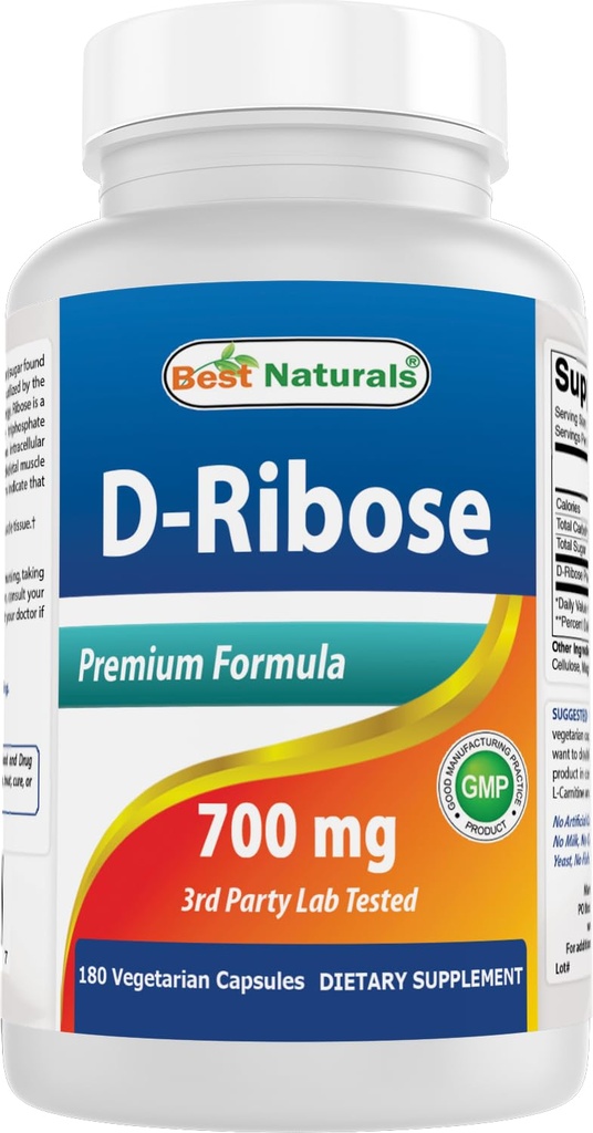 Best Naturals D-Ribose 700mg 180 Vcaps - Natural ATP Energy Production - Manufactured in a USA Based GMP Certified Facility and Third Party Tested for Purity. Guaranteed!!