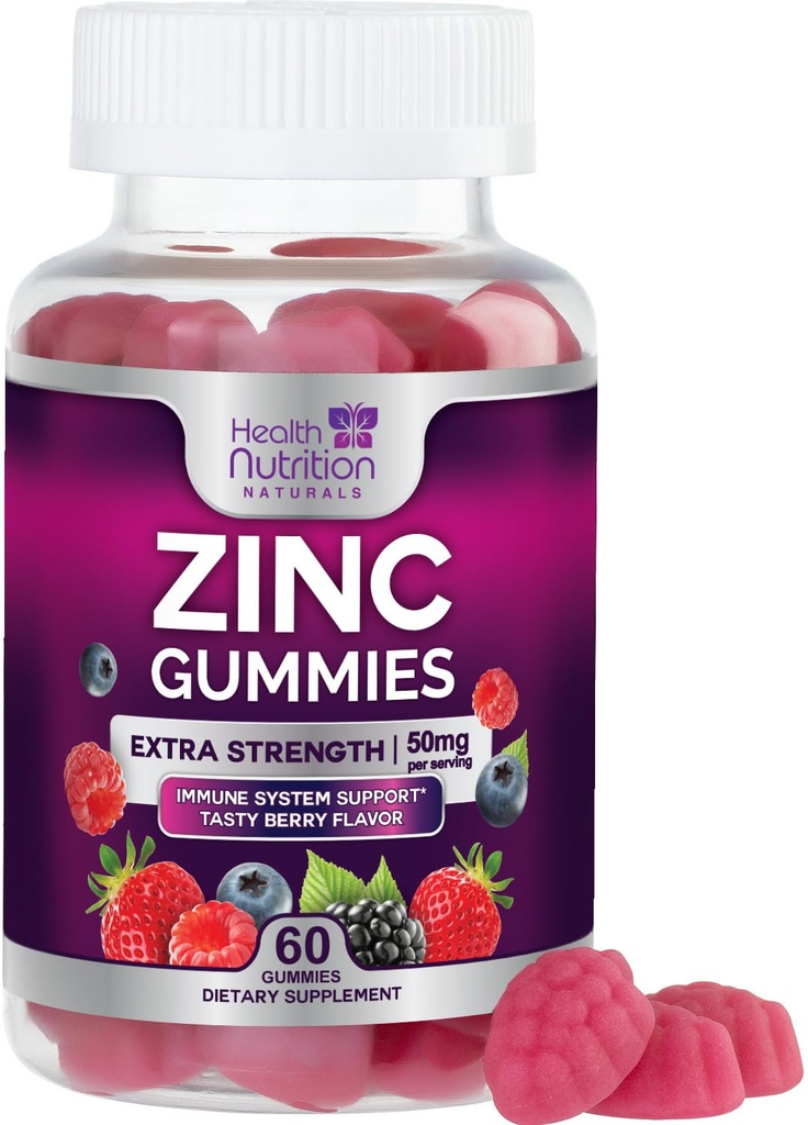 Zinc Gummies 50mg per Serving - Extra Strength Immune Support Antioxidant Gummy, Non-GMO & Gluten Free - Best Zinc Supplement for Skin Bone & Heart Health - Chewable Tasty Berry Flavor - 60 Gummies