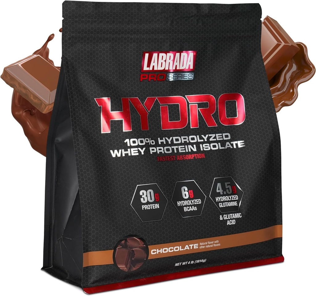 LABRADA Hydro 100% Pure Hydrolyzed Whey Protein Isolate Powder, Lactose Free, Glutamine, Fastesting Whey Διαθέσιμο, Instant Mixing, Delicious Taste 47 Μερίδες 4lb (Chocolate)