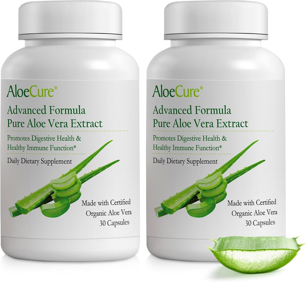 AloeCure Organic Aloe Vera Capsules, 160,000mg Inner Aloe Leaf Equivalent per Serving, Support Gut, Digestive, & Immune Health, Helps Maintain Balanced Stomach Acidity, Aloin Free, 30Caps x 2Btl