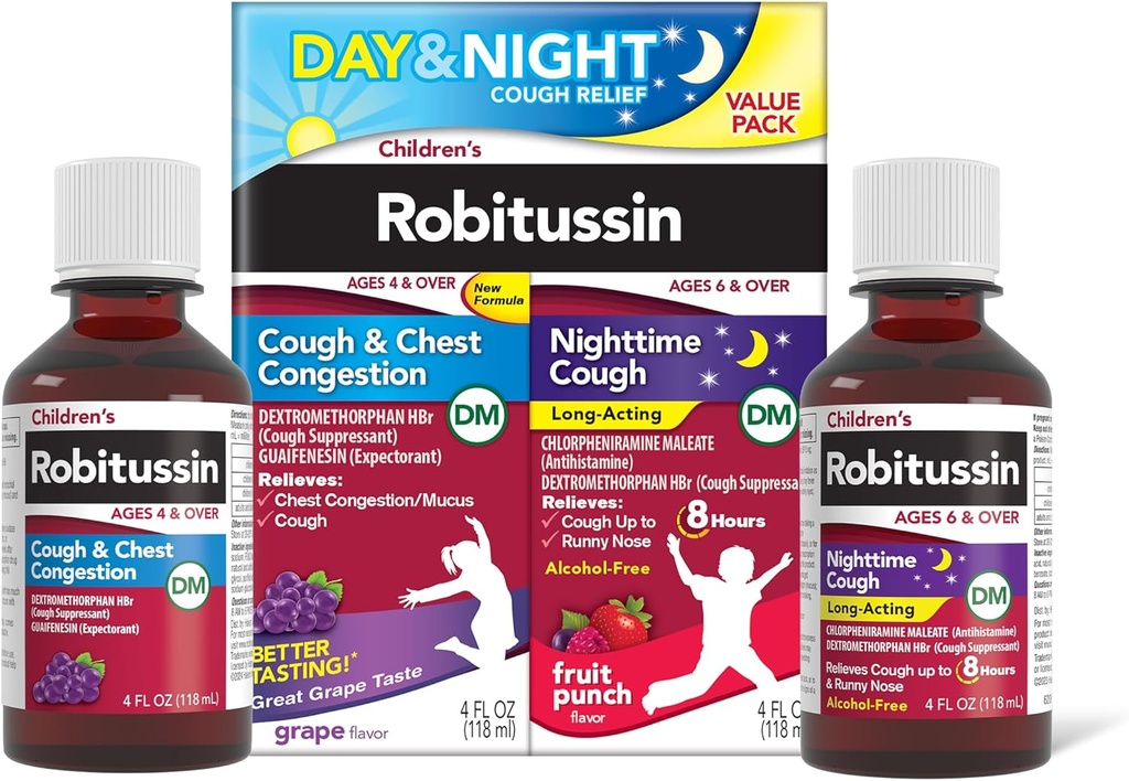Παιδική Robitussin DM Day and Night Cough Relief Value Pack, Cough Medicine, Grape/Fruit Punch Flavor - 4 Fl Oz x 2