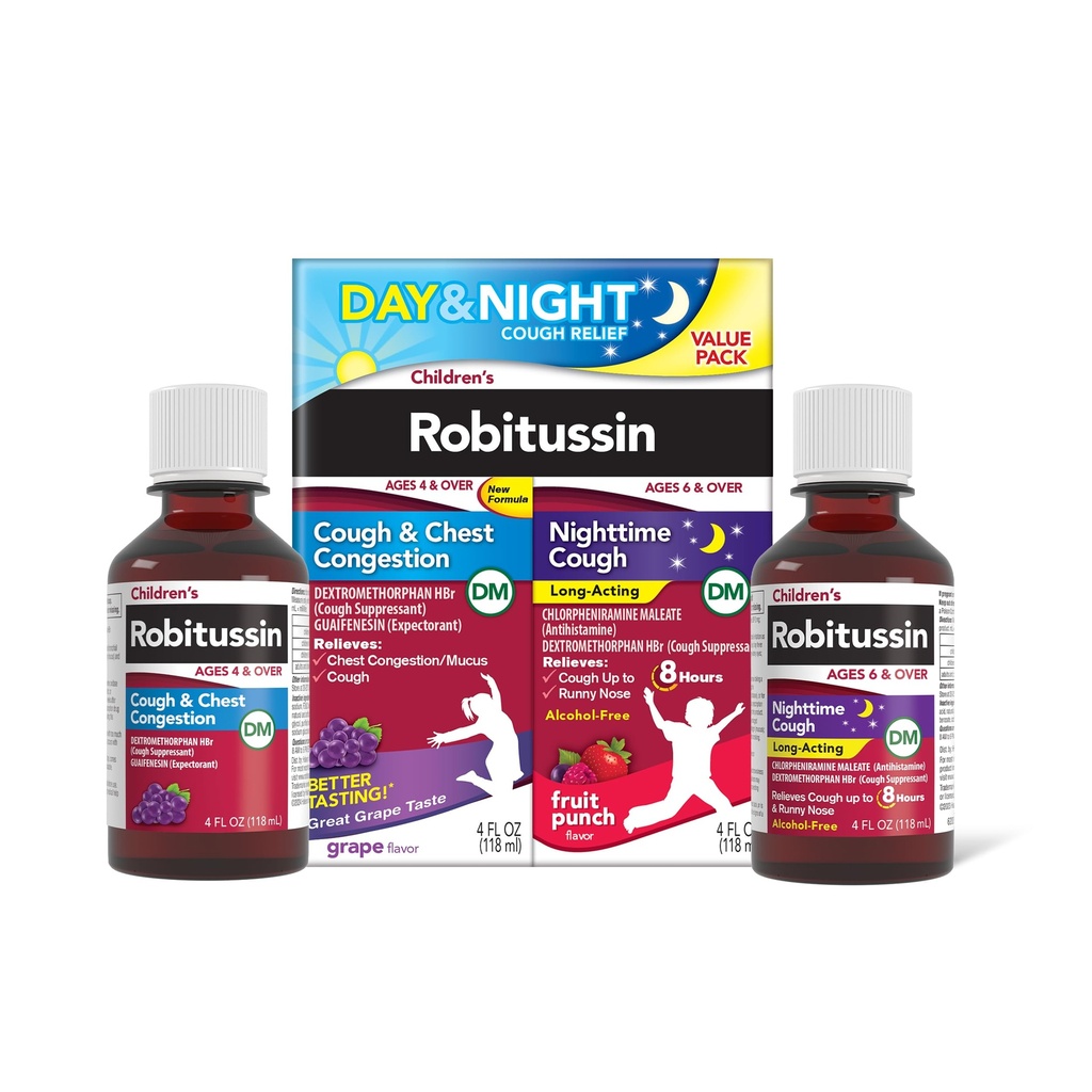 Παιδική Robitussin DM Day and Night Cough Relief Value Pack, Cough Medicine, Grape/Fruit Punch Flavor - 4 Fl Oz x 2
