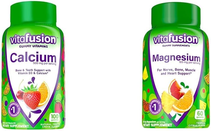 Vitafusion Μασώμενο Ασβέστιο Gummy Βιταμίνες για την υποστήριξη των οστών και των δοντιών, Φρούτα και Κρέμα Γεύση, Νούμερο 1 Gummy Vitamin Brand, 50 ημέρα προσφοράς, 100 Count & Magnesium Gummy συμπλήρωμα, 60ct