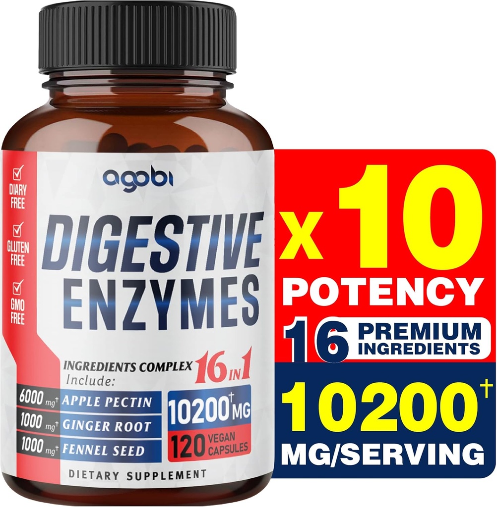 agobi 10200 Mg Digestive Ένζυμα με προβιοτικό για Digestion, ανοσοποιητικό & υποστήριξη σώματος - 16in1 με Apple Pectin, Ginger Root, Prebiotic System & More - 120 κάψουλες για 2 μήνες