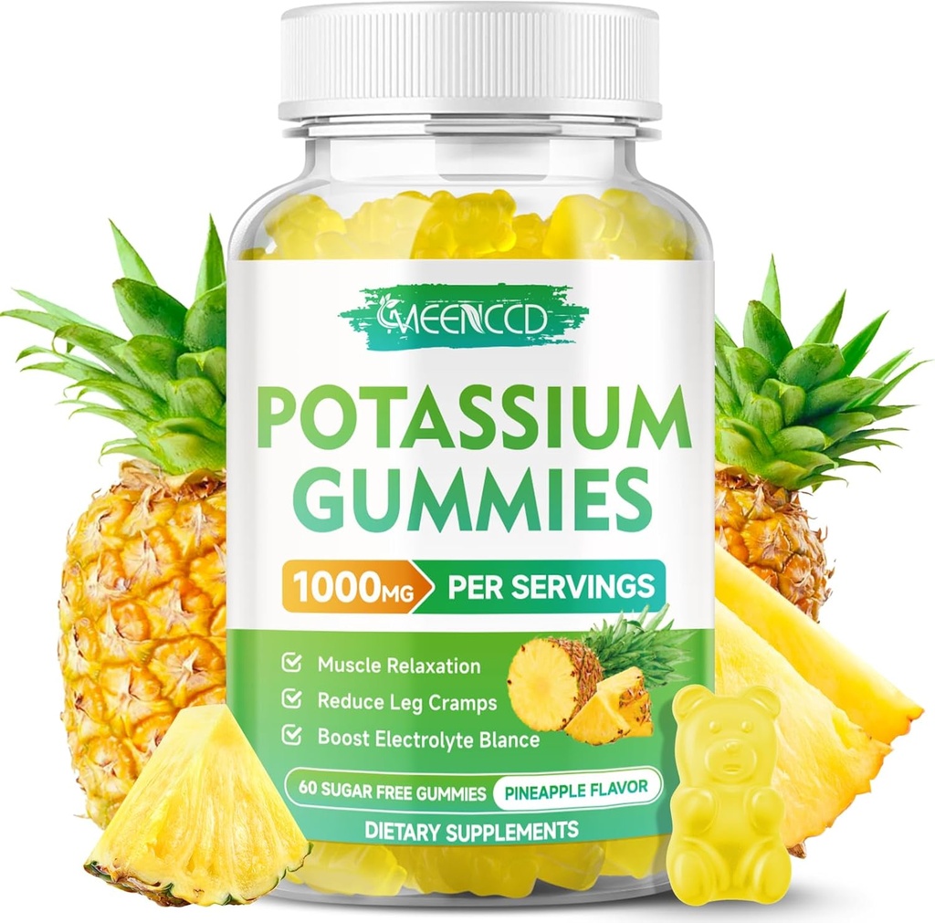 Κάλιο Citrate Gummies 1000mg, Υψηλής ισχύος Κάλιο συμπλήρωμα Gummies για ενήλικες γυναίκες & άνδρες, Πόδι στήριξης Cramps & μυϊκή υγεία, ζάχαρη-ελεύθερο, ανανά γεύση, 60 Count