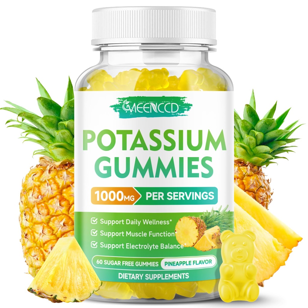 Κάλιο Citrate Gummies 1000mg, Υψηλής ισχύος Κάλιο συμπλήρωμα Gummies για ενήλικες γυναίκες & άνδρες, Πόδι στήριξης Cramps & μυϊκή υγεία, ζάχαρη-ελεύθερο, ανανά γεύση, 60 Count