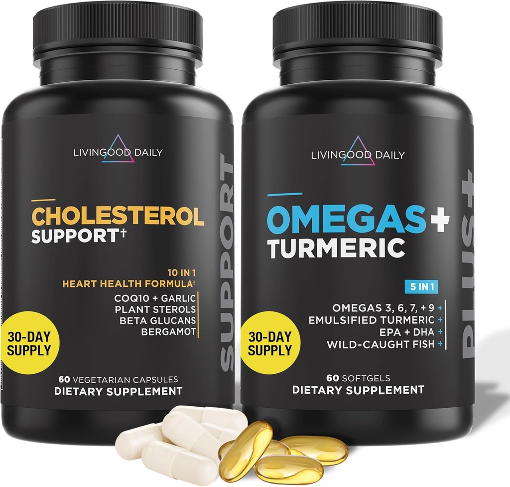 Livingood Daily Cholesterol Support, 60 Χορτοφαγικές κάψουλες - CoQ10, Φυτικές στερόλες, Φυτικές στερόλες, Μπέργκαμο, & Σκόρδο Συμπληρώματα Υποστήριξη Καρδιά Υγεία & Υγιεινή παραγωγή λιπιδίων - Μη ΓΤΟ & Vegan
