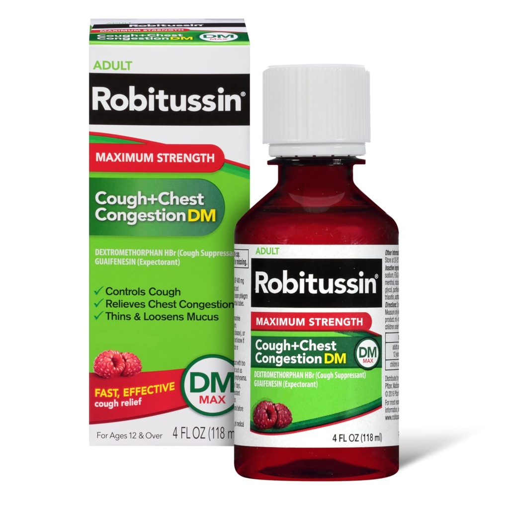 Robitussin Ενηλίκων Μέγιστη Δύναμη Βήχας + Θώρακος Συμφόρηση DM Max (4 fl. oz. Μπουκάλι), Βήχας Καταπιεστικό & Προσδοκητικό, Βατόμουρο Γεύση