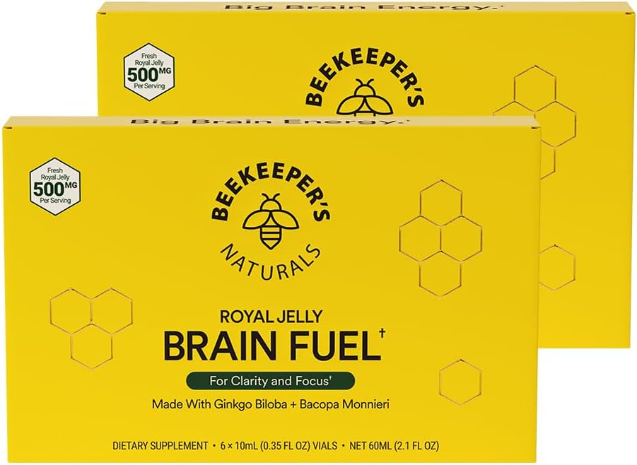 Φυσικά της μελισσοκόμος B.LXR Brain Fuel - Μνήμη, Focus and Clarity Liquid Formula, Υποστηρίζει παραγωγικότητα Royal Jelly, Ginkgo Biloba, Bacopa Monnieri Keto Φιλικό, Γλουτένη & χωρίς καφεΐνη, 6 ct (2 Pack)