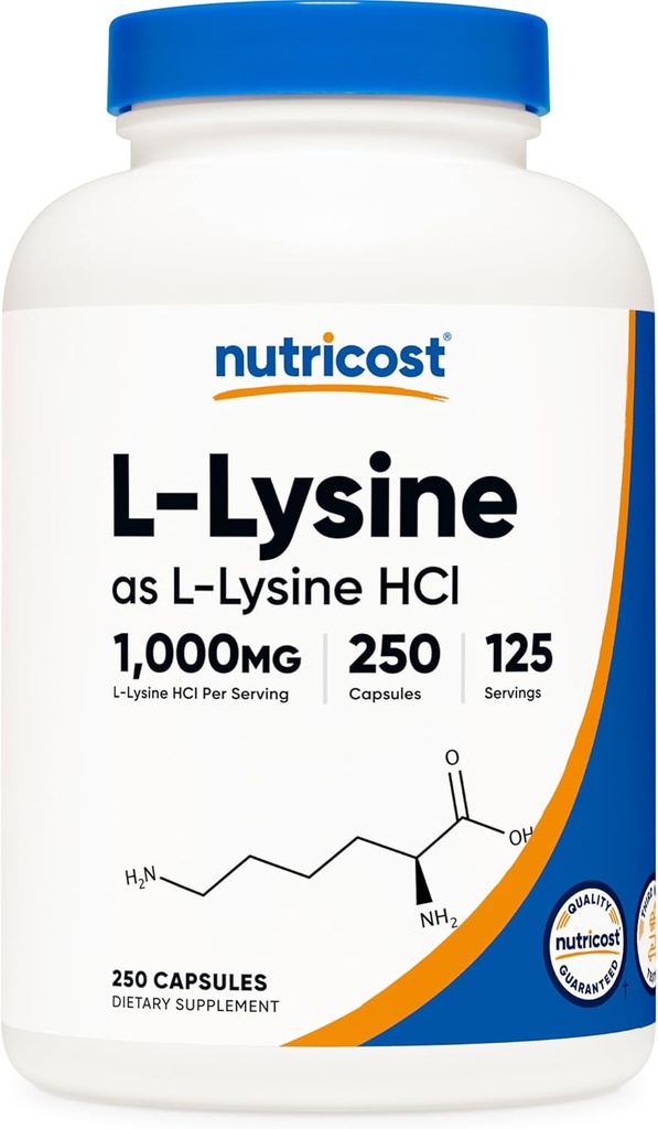 Θρεπτικό L-Lysine 1000mg, 250 Κάψουλες - 500mg ανά καπάκι, Χωρίς γλουτένη, Μη ΓΤΟ