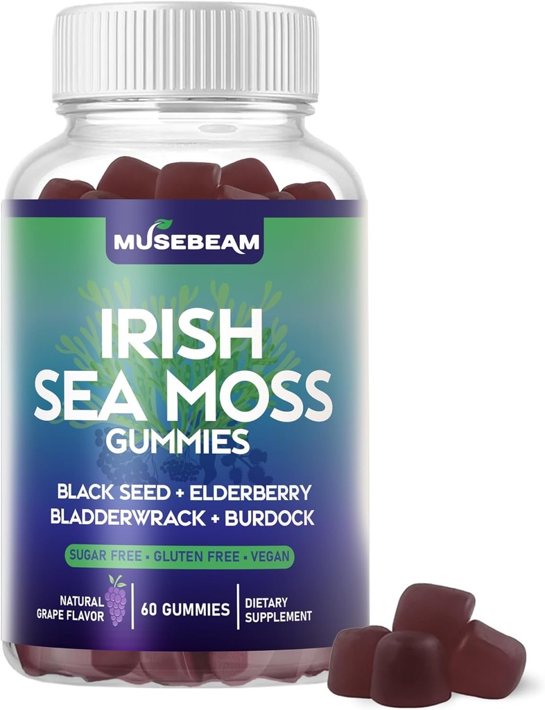 Ιρλανδέζικης θάλασσας Moss Gummies - με μαύρο σπόρο Elderberry Bladderwrack Burdock Turmeric Omega-3 Βιταμίνες C D3 ψευδάργυρος - Seamoss Συμπληρώματα για ενήλικες γυναίκες άνδρες - χωρίς ζάχαρη Χωρίς γλουτένη Vegan