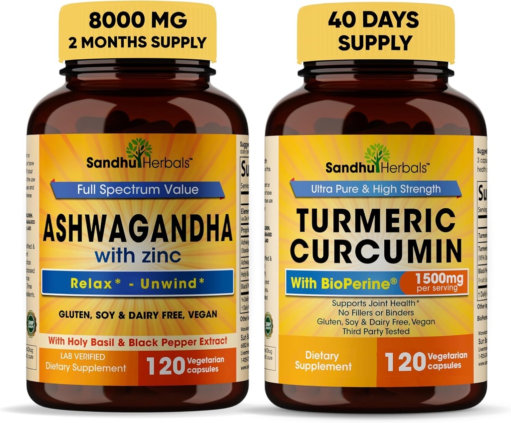 Sandhu Herbals Organic 4in1 Ashwagandha w/Zinc & Organic Turmeric Curcumin w/Bioperine Black Pepper Extract