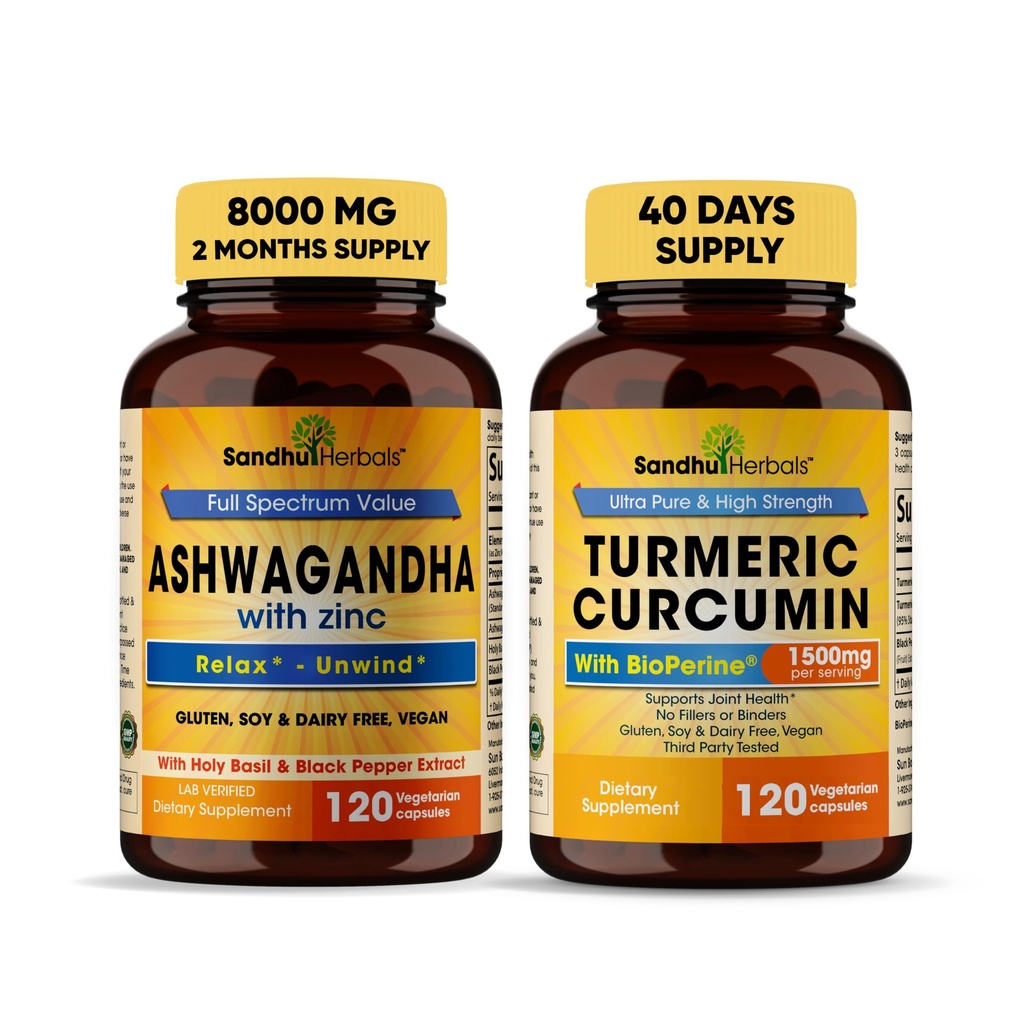 Sandhu Herbals Organic 4in1 Ashwagandha w/Zinc & Organic Turmeric Curcumin w/Bioperine Black Pepper Extract