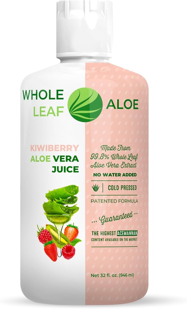 Unlock The Power of Whole Leaf Aloe Vera - Infused with The Delicious Taste of Kiwi Berry. Our Patented Formula Boasts The Highest Acemannan Concentration Available, Guaranteed. No Water Added.