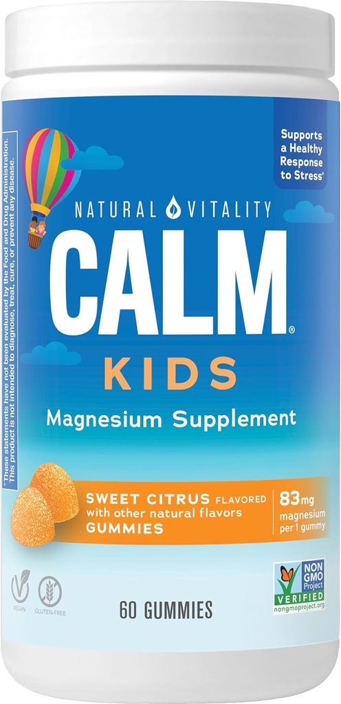 Φυσικό συμπλήρωμα μαγνησίου για παιδιά CALM, Gummies για ισορροπημένη διάθεση, υποστηρίζει υγιή ανάπτυξη, χωρίς γλουτένη, Vegan, γλυκό εσπεριδοειδή αρωματισμένα - 60 Gummies
