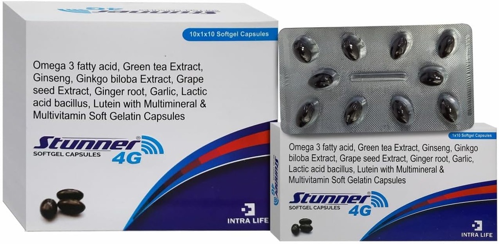 STUNNNER-4G SOFTGEL CAPS inseng Extract Powder 42.5mg + σιτάρι ζελέ Oil 25mg + εσπεριδοειδή Bioflavonoids 20mg + εκχύλισμα σπόρων σταφυλιών 15mg + φυσικά μεικτά καροτενοειδή (10% Dispersion)11.33mg + πράσινο εκχύλισμα τσαγιού