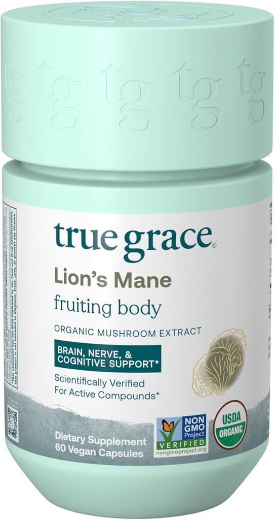 Αληθινή Grace Mushroom Lion's Mane Brain, Nerve & Γνωστική Υποστήριξη - 60 Κάψουλες Κόμης - Οργανικά